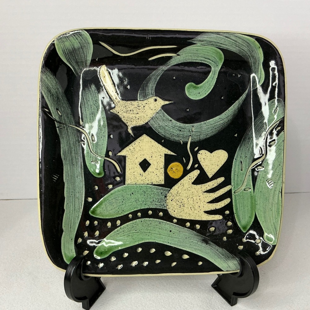 Vintage 1980s Marshall Signed Postmodern Studio Pottery Square Plate Bird House